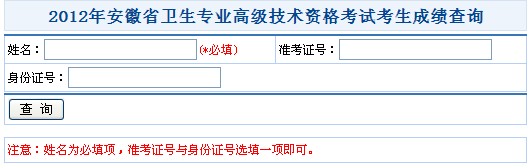 2012年安徽省卫生专业高级技术资格考试考生成绩查询